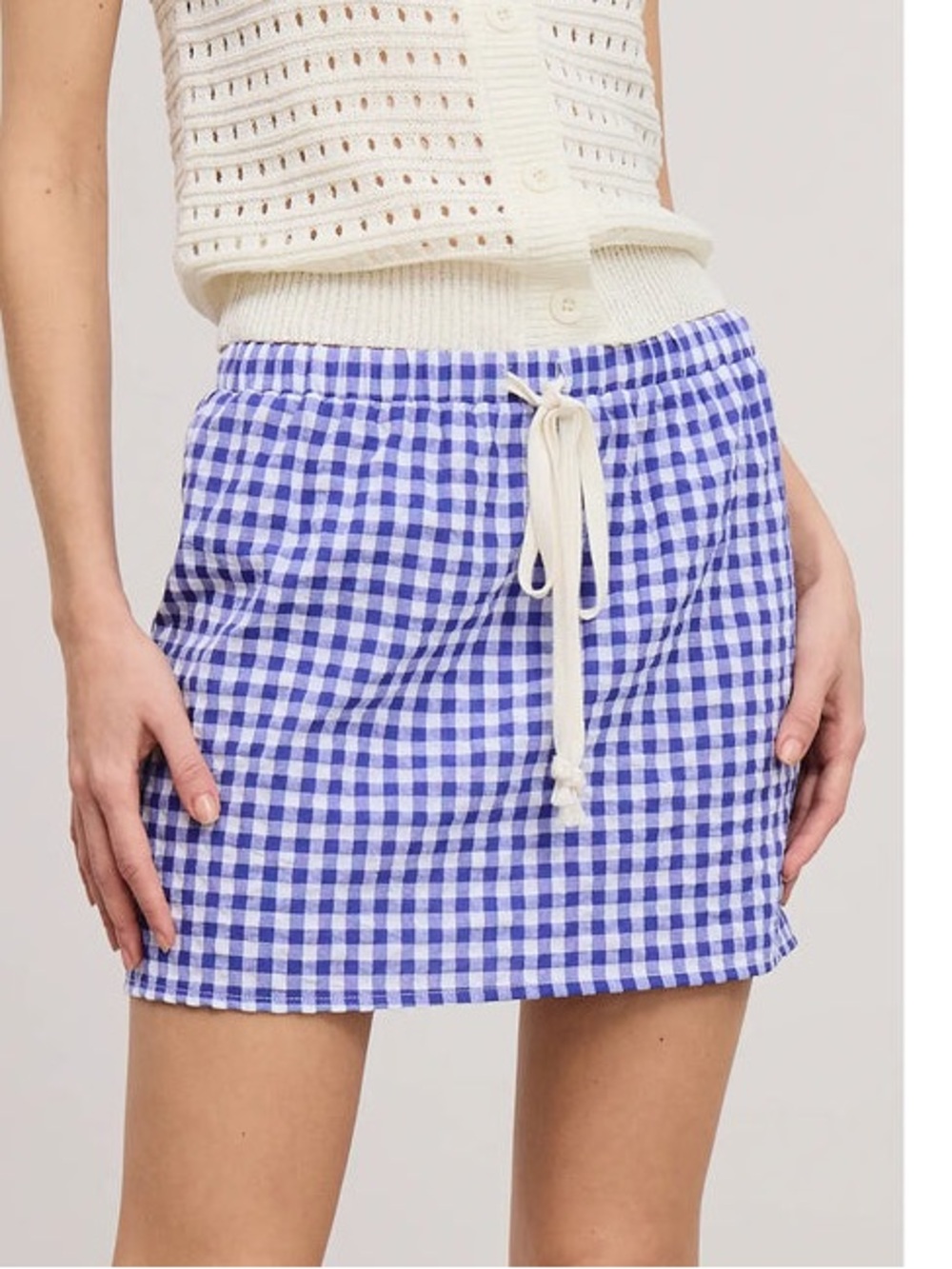 Blue and White Gingham Mini Skirt with Drawstrings